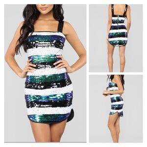 NWT Fashion Nova Stardust Sequin Mini Dress White Blue Green Black Size Medium